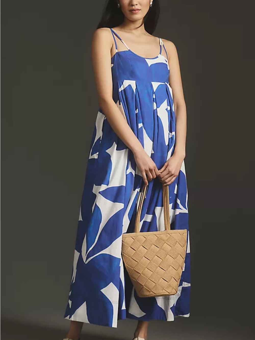 Anthropologie Blue and White Floral Maxi Dress with Spaghetti Straps